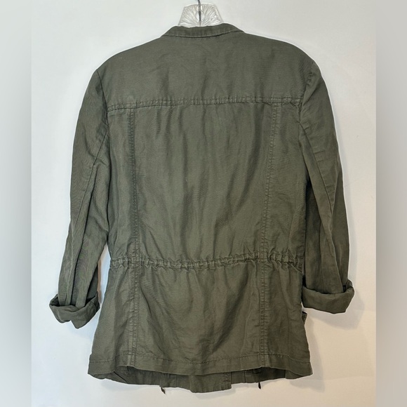Kenneth Cole Army Green Zip Up Cinched Waist Overlap Front Linen Cotton Sz SM - Picture 2 of 10